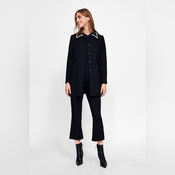 ZARA Black Fitted Belted Blazer Frock Coat with Pearl Laced Lapels - Size XS - Picture 3 of 12